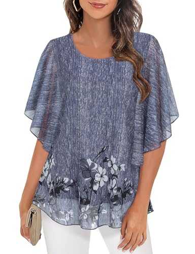 Womens Blouses Ruffle 3/4 Sleeve Mesh Ladies Tops Chiffon Double-Layered Tunic Tops Loose Flowy Shirts
