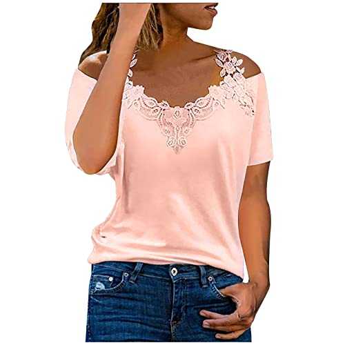 UK Stock Women Tops and Blouses Ladies Summer V-Neck Casual Lace Patchwork Solid Caims Blouse Top Lovely Comfortable Top Loose Pleated Tunic Shirts Tops Blouse Henley T-Shirt Plus Size