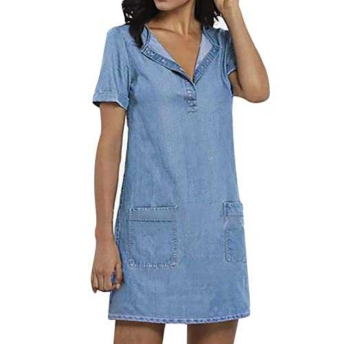 AMDOLE Floral Summer Dress Solid Color Denim Thin Mid Length Round Neck Button Dress Denim Skirt Casual and Comfortable Casual Summer Dress for Women