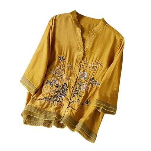 Linen Tops for Women UK Casual Linen Office Blouses Floral Embroidered Top Cotton Holiday Shirts Boho Ethnic Style Tee Women 3/4 Sleeve V Neck Tunic Tshirt