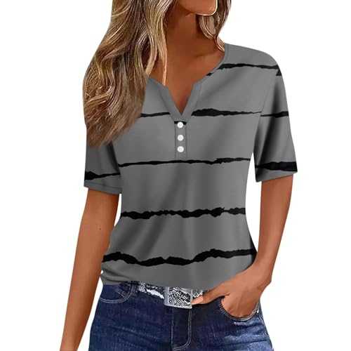Womens Blouse, Womens Tops UK Dressy Trendy Summer Tops for Women 2024 Casual Short Sleeve Shirts Buttons V Neck Floral Print Henley Blouses