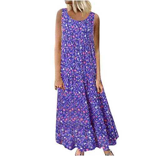 AMhomely Summer Dresses for Women Plus Size Casual Loose Sleeveless Floral Daily Linen Print Long Maxi Dress Loose Dress Summer Beach Dress Loose T Shirt Dress Beach Vacation Boho Flowy Long Sundress