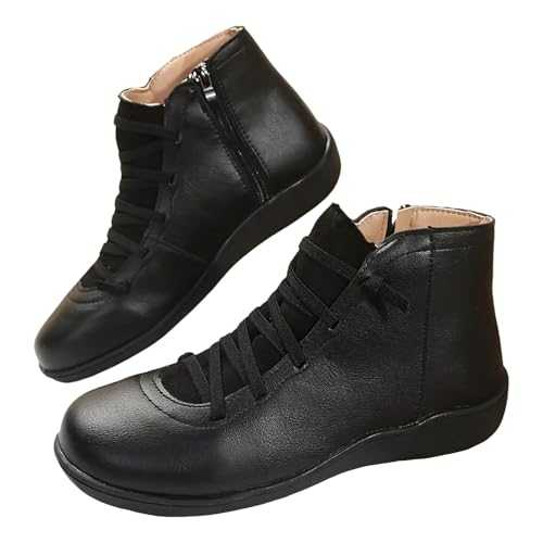 TOPJIAO Ankle Boots Winter Flat Boots for Women Platform Casual Shoes Solid Color Anti-Slip Walking Boots Black Lace Up Boots Ladies Ankle Flat Slip On Comfy Booties Slip On Sneakers Uk Size