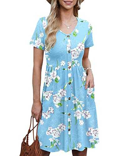 AUSELILY Womens Summer Dress Short Sleeve Knee Length Dress Casual Empire Dress A Line Swing Dresses with Pockets