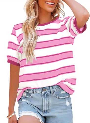 Womens Tops Cotton Casual Color Block Striped Short Sleeve Shirts Crewneck T Shirts Loose Basic Tee Blouses