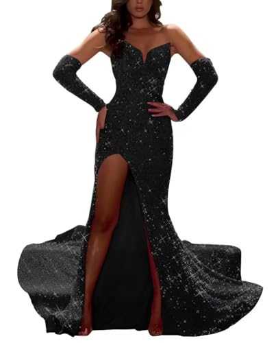 Sequin Mermaid Evening Dresses with Sleeves Detachable Sparkly Prom Dresses with Slit Homecoming Dresses Long
