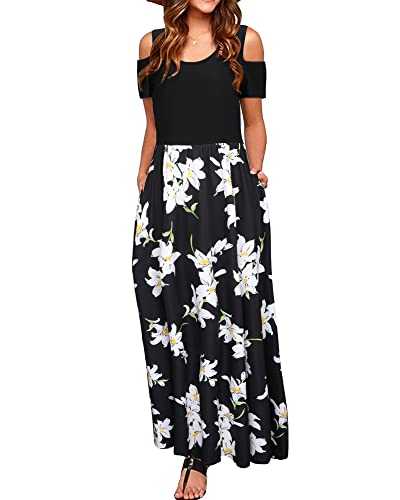 STYLEWORD Women's Summer Cold Shoulder Short Sleeve Maxi Dress Floral Print Elegant Long Dress with Pockets