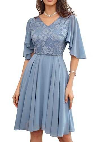 GRACE KARIN Women's Chiffon Pleated Dress Short Cape Sleeve V-Neck Lace Contrast Dress for Cocktail Party