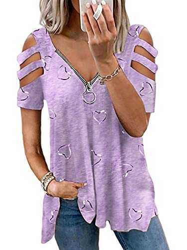 Colisha Women's Blue Tunic Short Sleeve Loose Zip V Neck Casual Cold-Shoulder Blouse Top with Cut Out Back, Long Length, Polyester, Club Collar, Size