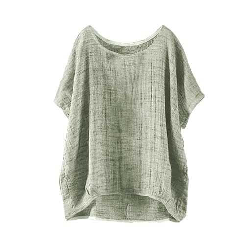 Women's Summer Short Sleeve Solid Casual Loose Linen Top Basics Long Sleeved T Shirt Women