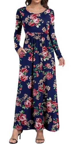 DEARCASE Women's Long Sleeve Maxi Dress Crewneck Loose Plain Casual Empire Waist Long Dresses with Pockets