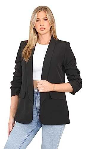 Lined Blazers for Women UK Casual Long Ruched Sleeve Suit Plain Open Jackets Clearance Work Office Womens Coats Cardigan Suit Formal Jacket Top Solid Color Collar Italian Ladies Blazer Coats UK 10-20