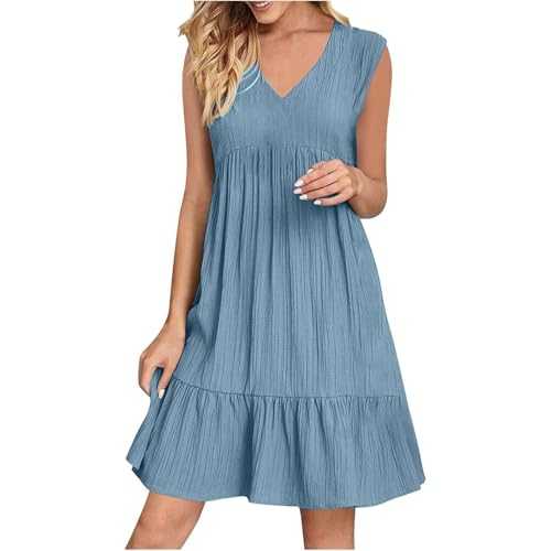 Summer Casual Women's Dress Loose Lightweight Sleeveless Dresses Fashion Elegant Ruffle A Line Swing Frock Everyday Solid Color Pleated Gown for Travel Vacation Beach