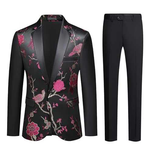 Allthemen Mens 2 Piece Suit Floral 1 Button Tuxedo Suit Slim Fit Dress Suit Blazer Trousers Wedding