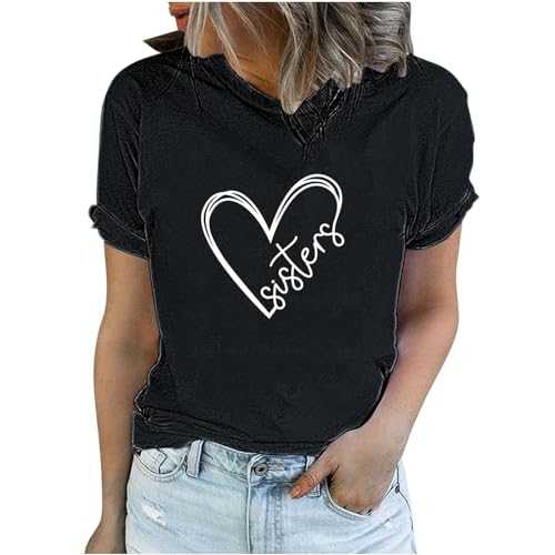 AMhomely Short Sleeve Tunic Tops for Women UK Plus Size I Love My Sister T Shirt Funny Valentine's Tunic Tops Loose Fit Casual Pullover Tops Blouse Round Neck Basic Tee Shirts Sportswear