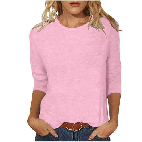 Tunic Tops for Women UK Round Neck Casual Loose T-Shirt Three Quarter Sleeve Blouses Long Length Shirt Solid Color Summer Tops Dressy Spring Fashion Ladies T Shirts Plus Size 22