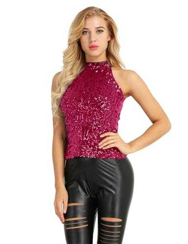 iiniim Womens Glitter Sequins Embellished Sparkle Vest Summer Sleeveless Halter Neck Blouse Tank Tops