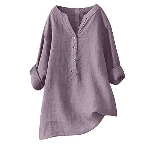 TURWXGSO Women's Blouses & Shirts Long Sleeve Dressy Shirts Cotton Linen Button Up Oversized Blouses Casual Lightweight Tunic Top Ladies Long Length Tops Large Size 8-22 UK Clearance