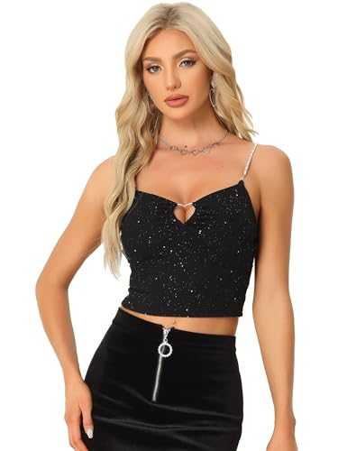 Allegra K Tank Tops for Women's Sparkly Glitter Rhinestones Spaghetti Straps Cut Out Cocktail Party Camisole Cropped Tops