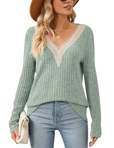Flikity Ladies V Neck Jumpers Long Sleeve Tops Women Pullover Sweaters Ladies Lightweight Jumpers Knitted Sweatshirts Spring Autumn Winter Clothes S-2XL