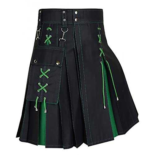Mens Kilt Utility Scottish Traditional Highland Dress Pleated Buckle Straps Kilts with Pockets Vintage Gothic Pleated Skirts Medieval Steampunk Cargo Skirt Punk Checked Fancy Dress Carnival Costume