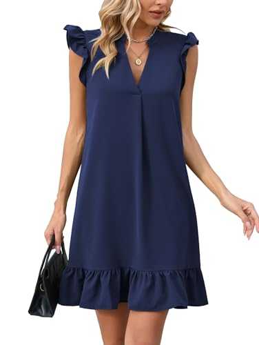 Famulily Women Summer Dresses Solid Color V Neck Ruffle Trim Cap Sleeve Shift Dress S-XXL