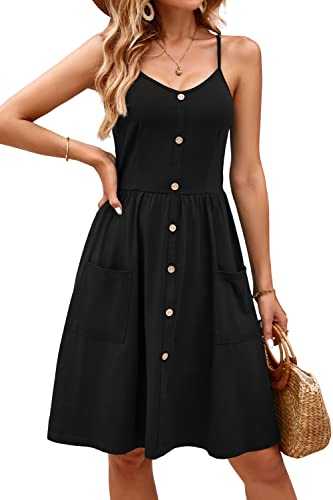 OUGES Women's Summer V Neck Spaghetti Strap Dress Midi Button Down Skater Dress Casual Ladies Sundress with Pockets