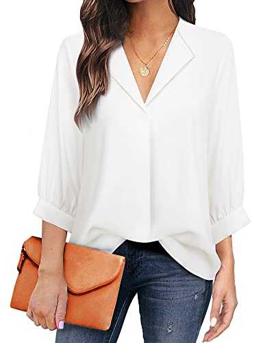 Unixseque Women's Casual Chiffon V Neck 3/4 Sleeve Business Tops Loose Work Blouses