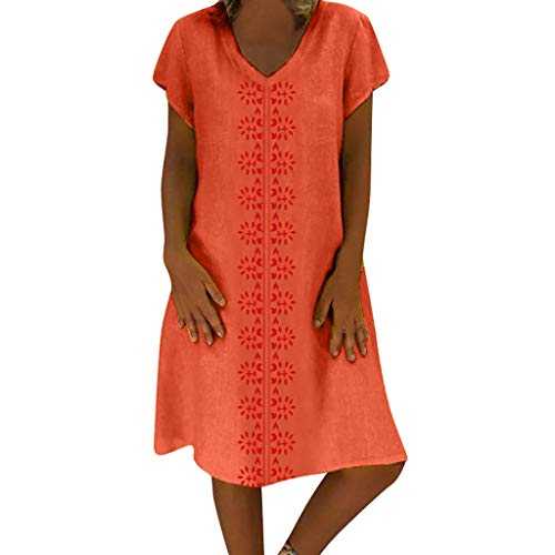 Mini Dresses TUDUZ Sale Clearance Women Summer Plus Size Vintage Ethnic Printed V-Neck Cotton and Linen Shift Dress