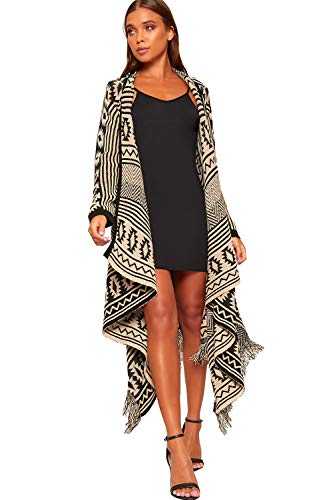 WearAll Women's Aztec Knitted Tassle Long Waterfall Open Cardigan Ladies Maxi Shawl 8-14