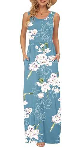 AUSELILY Women's Summer Casual Sleeveless Maxi Dress Loose Long Dresses with Pockets Floral Light Blue XXL