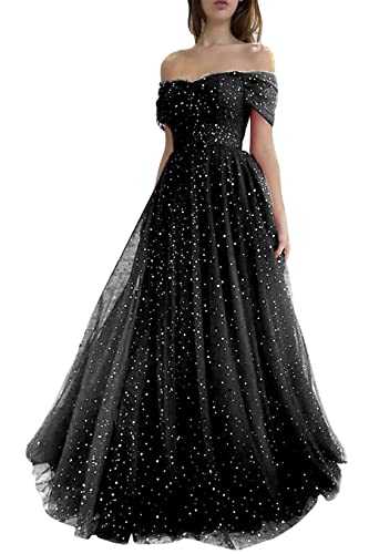 KURFACE Prom Dress A Line Sleeveless Off The Shoulder Sparkly Starry Out Door Bridal Gowns Long Evening Party Gown for Women