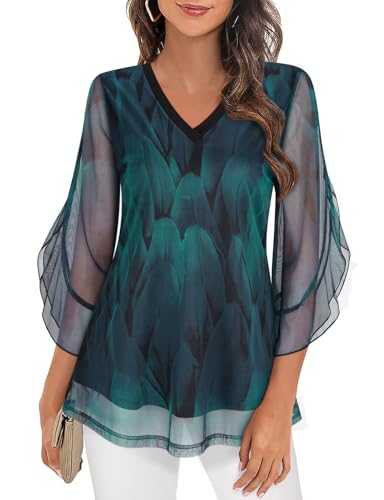 Flikity Blouses for Women UK 3/4 Sleeve Ladies Tops V Neck Chiffon Layers Blouse Ruffle Sleeve Flowy A Line Tunic Tops Womens Dressy Tops Evening Wear Going Out Tops for Women UK Peacock Blue L