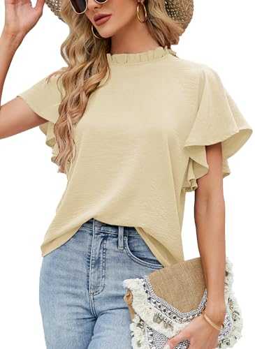Aifer Womens Summer Ruffle Short Sleeve Dressy Casual Blouses Mock Neck Tops Elegant Work Shirts