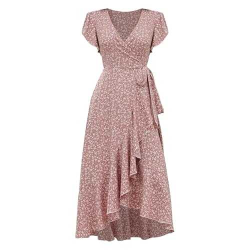 Summer Dresses for Women UK 2025 Boho T-Shirt Dress Vintage Printed Solid Colour V-Neck Ruffled Hem Flowy Dress Outdoor Strolling Shopping Beach Walking Holiday Camping Sundresses1