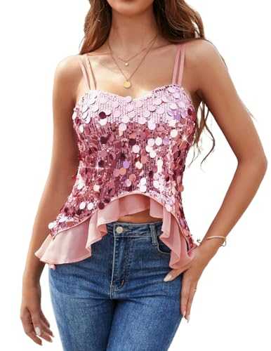 HomRain Women's Sparkly Sequin Vest Top with V Neck Sleeveless Party Going Out Tops for Ladies Camisole