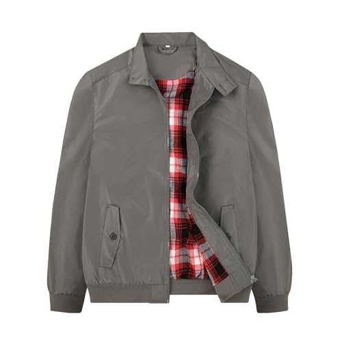 JOYSON Men's Harrington Jackets Bomber Jacket Waterproof Zip Closure Coat with Red Tartan Lining