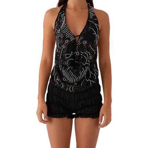 Women's Y2K Sparkly Glitter Crop Top Sparkly Sequins Halter Neck Tank Top Sexy Deep V Neck Tie Backless Vests Summer Camisole for Club Party