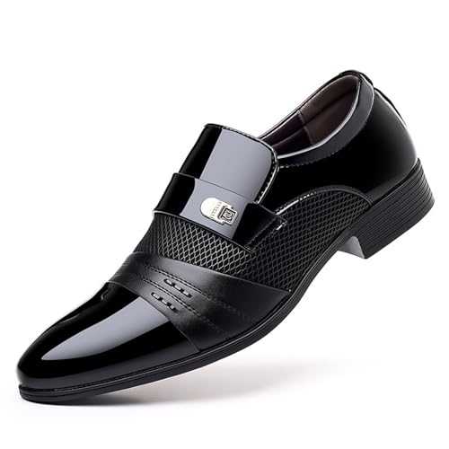 LMUIPMAA Men's Pointed-Toe Breathable Tuxedo Dress Shoes Formal Slip-On Patent Leather Wedding Oxford Shoes
