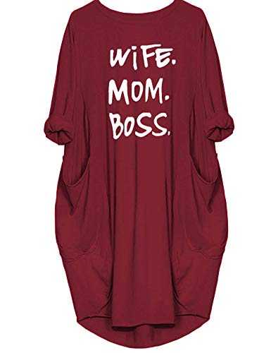 Women's Wife Mom Boss Tunic Dress Long Sleeve Oversize Baggy Causal Loose Dress with Big Pockets