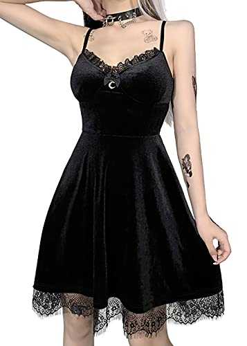 DINGJIUYAN Gothic Sexy Mini Sling Dress Women Spaghetti Shoulder Strap V Neck Swing Dress Halloween Lolita Party Dresses