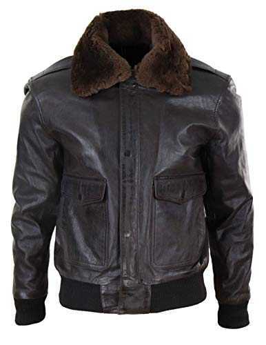 Mens Real Leather Aviator Bomber Jacket Removable Faux Fur Collar Pilot Flying Jacket