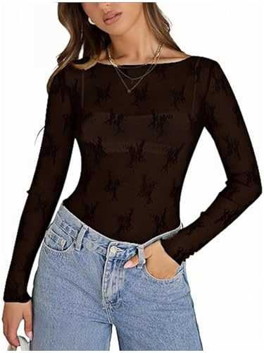 OOHOKAY Women's Mesh Long Sleeve Sexy See Through Lace Top Layering Sheer Blouse Slim Fit Shirt Party Club Streetwear