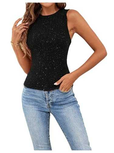 GORGLITTER Women's Sequin Textured Crewneck Tank Tops Sleeveless Slim Fit Vest Tops