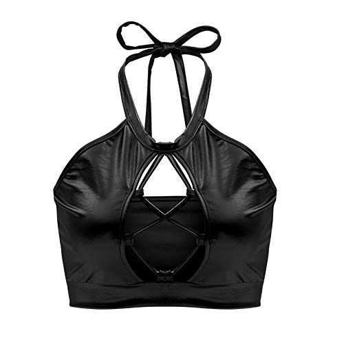 Women Sexy Halter Crop Tops Cut Out Backless Tank Top Hollow Vest Summer Halter Cami Vest Black Faux Leather Hanging Neck Tank Tops Y2K Bustier Corset Party Camisole Sleeveless Top Outfit UK 10-12