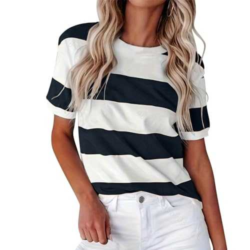 Summer European American Border Fashion Stripes Print Round Neck Short Sleeve Casual T Shirt Women Pullover Back Cut Out