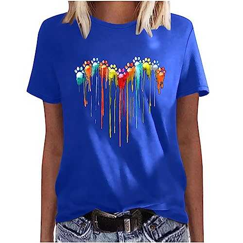 Dog Lover Summer Tops for Women Casual Colorful Dog Paw Graphic Crew Neck Short Sleeve T-Shirts Blouses Animal Lover Tshirts UK Clothes