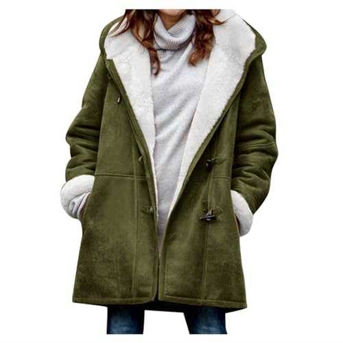 Women's Jacket, Plus Size Faux Suede Trench Coat Comfortable Soft Sherpa Fleece Lined Jackets Casual Hooded Pockets Mid-Length Overcoat Fashion Outerwear with Horn Buttons