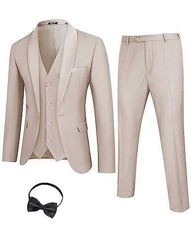 COOFANDY Men's 3 Pieces Suit Slim Fit Tuxedo Set One Button Jacket Vest Pants with Tie