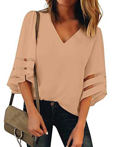 Utyful Dressy Tops for Women Women's Summer Casual V Neck Mesh Panel 3/4 Bell Sleeve Loose Blouse Top